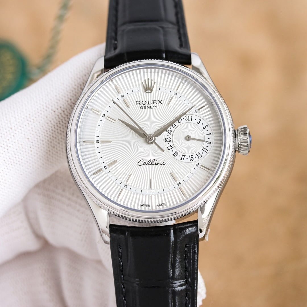 Rolex wristwatch with black leather strap and white dial, silver-tone case