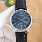 Rolex wristwatch with black leather strap and blue dial, silver-tone case