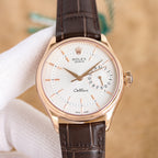 Rolex wristwatch with brown leather strap and white dial, gold-tone bezel and crown