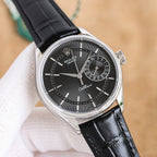 Rolex wristwatch with black leather strap and black dial, silver-tone case