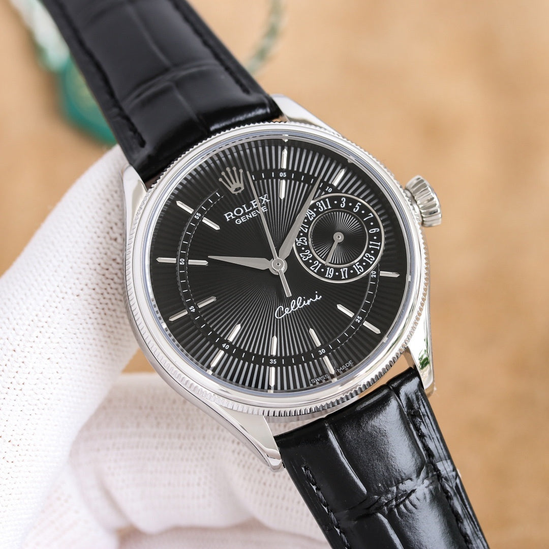 Rolex wristwatch with black leather strap and black dial, silver-tone case