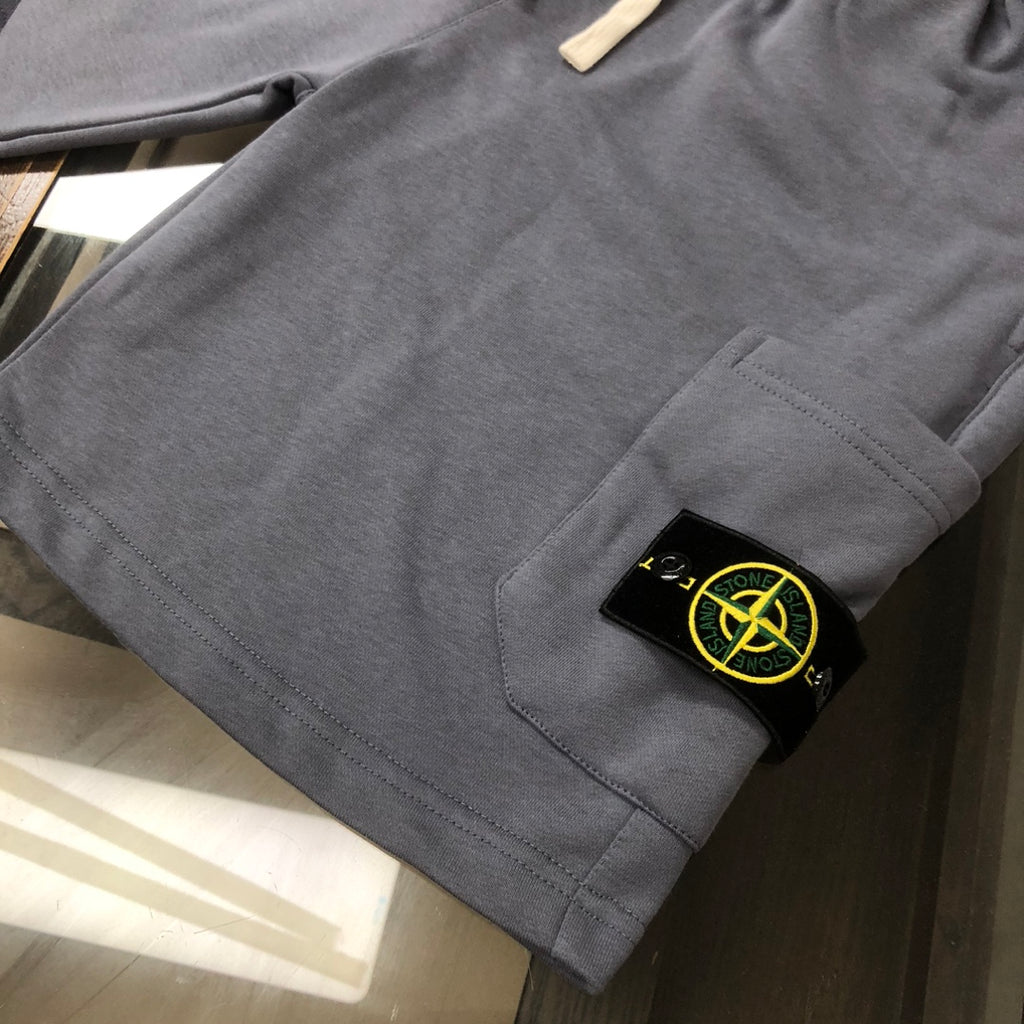 Stone Island shorts, gray with side cargo pocket and black patch logo