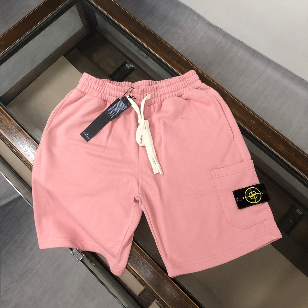 Stone Island pink drawstring shorts with side pockets and logo patch