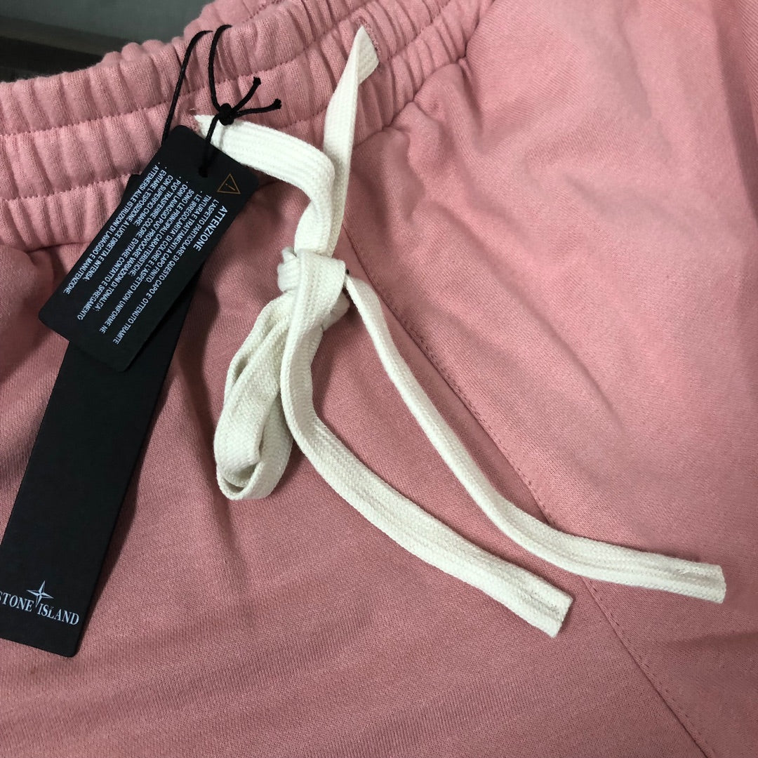 Stone Island pink shorts close-up of white drawstring and elastic waistband