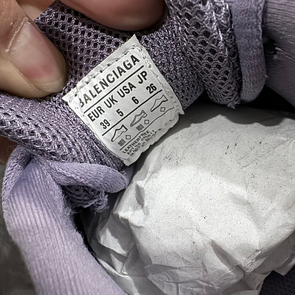 Lavender Balenciaga sneaker with size tag label on mesh upper and laces