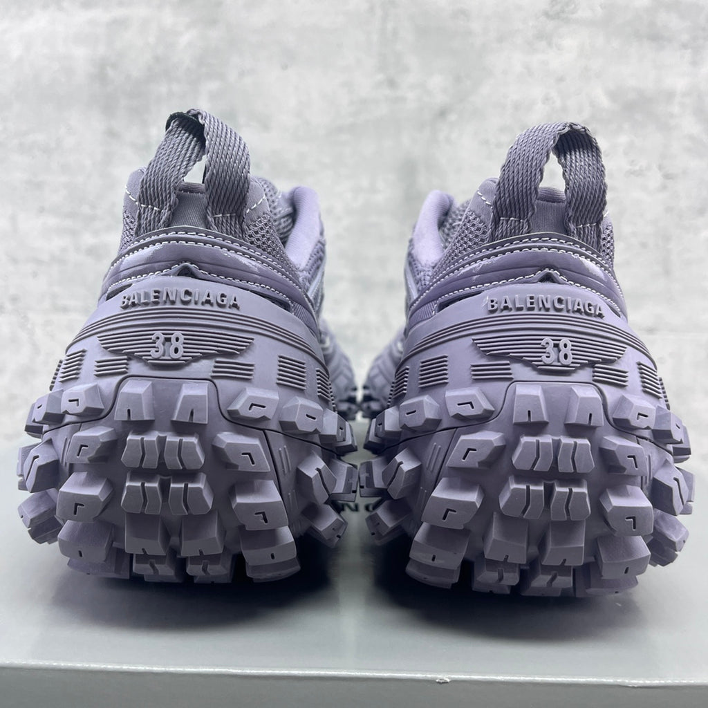 Lavender sneaker heels with Balenciaga logo and 38 marking; tread pattern visible