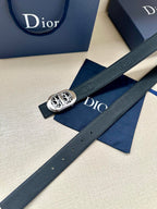 Dior belt with dark leather strap and silver-tone oval logo buckle detail