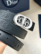 Dior belt with dark leather texture, engraved oval buckle in silver-tone finish