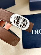 Dior leather belt close-up of brown strap and silver buckle