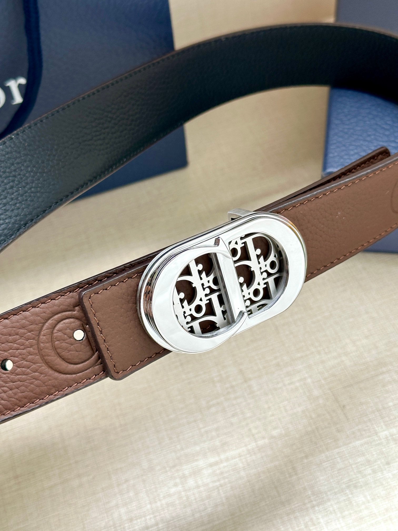 Dior leather belt with brown strap and silver-tone buckle detail