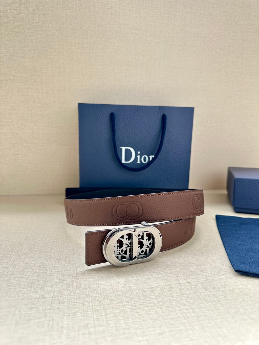 Dior leather belt with brown strap and silver-tone buckle