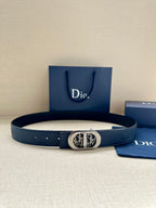 Dior leather belt, dark blue, with silver-tone logo buckle and prong holes