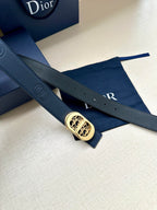 Dior leather belt, dark blue, with gold-tone logo buckle and adjustment holes