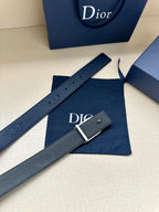 Dior leather belt, dark blue, with silver-tone buckle and stitched strap edges
