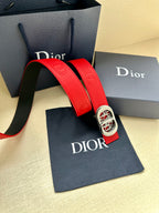Red leather belt with silver-tone oval logo buckle and textured end tab