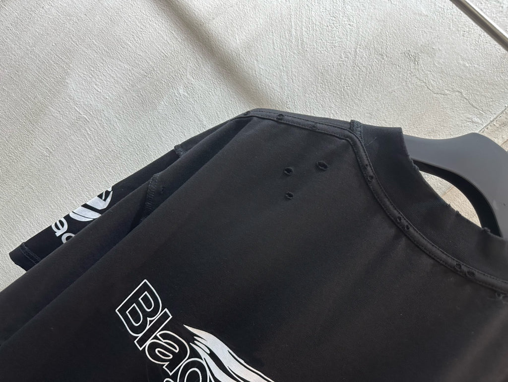 Short-sleeve T-shirt, black with crew neck and partial white logo print at chest