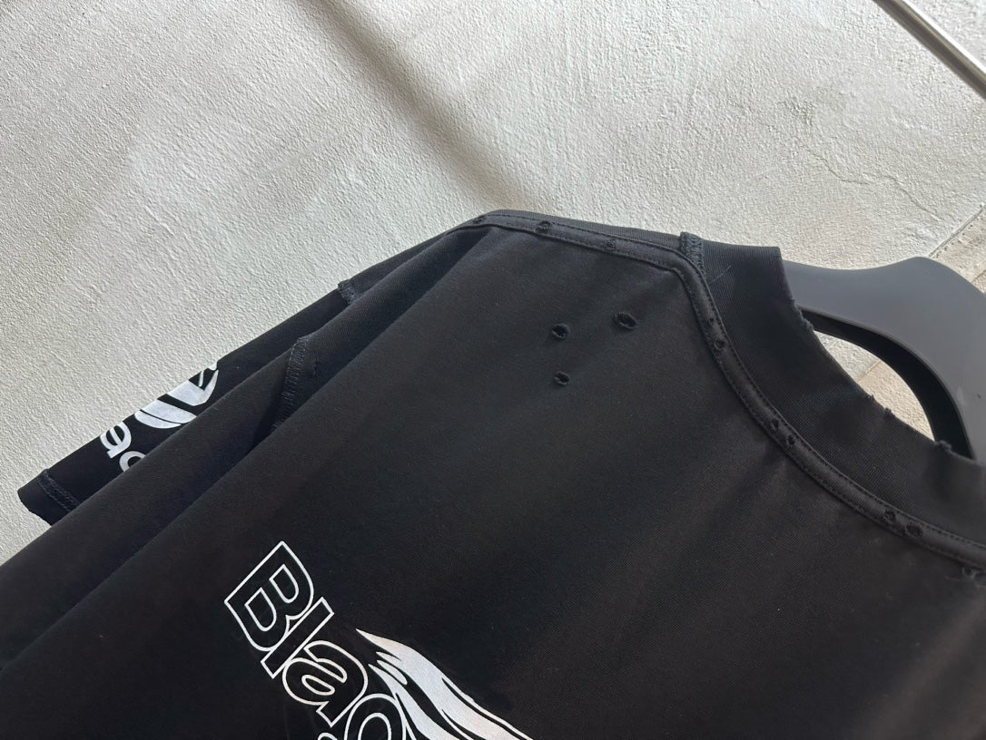 Short-sleeve T-shirt, black with crew neck and partial white logo print at chest
