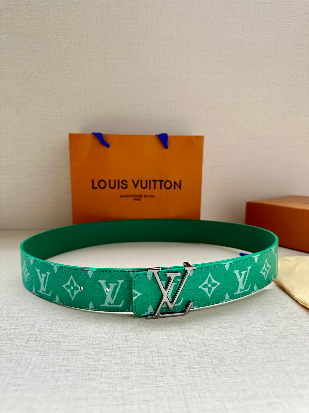 Louis Vuitton green monogram belt with gold-tone buckle