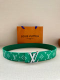 Louis Vuitton green logo belt with gold-tone buckle and adjustable holes
