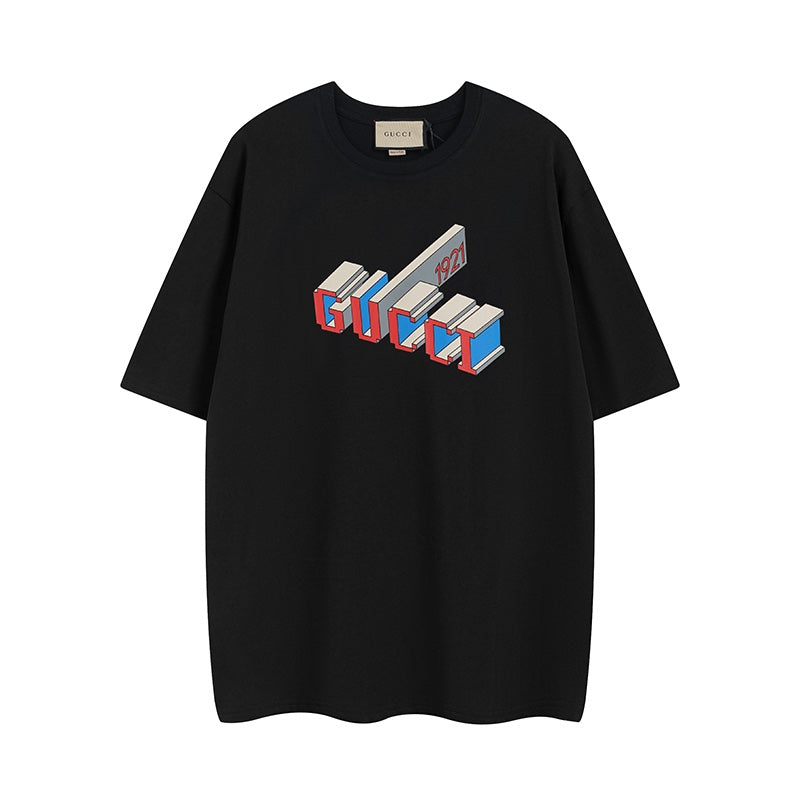 Gucci black graphic T-shirt with multicolor logo print on the chest