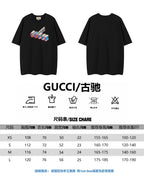Gucci T-shirt size chart with front and back views and measurements
