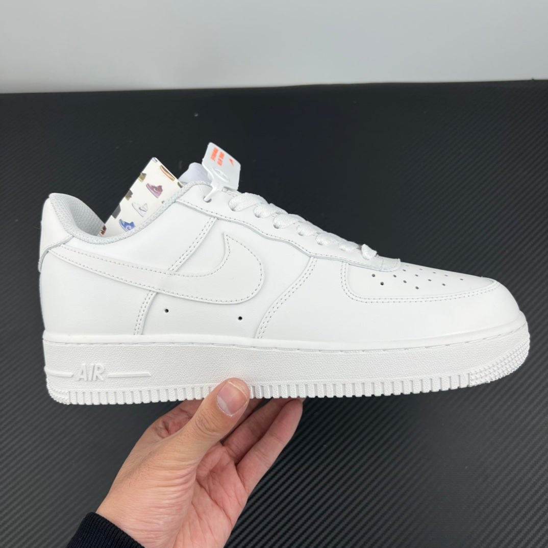 White Nike Air Force 1 low-top sneakers, side profile with swoosh and lace-up design