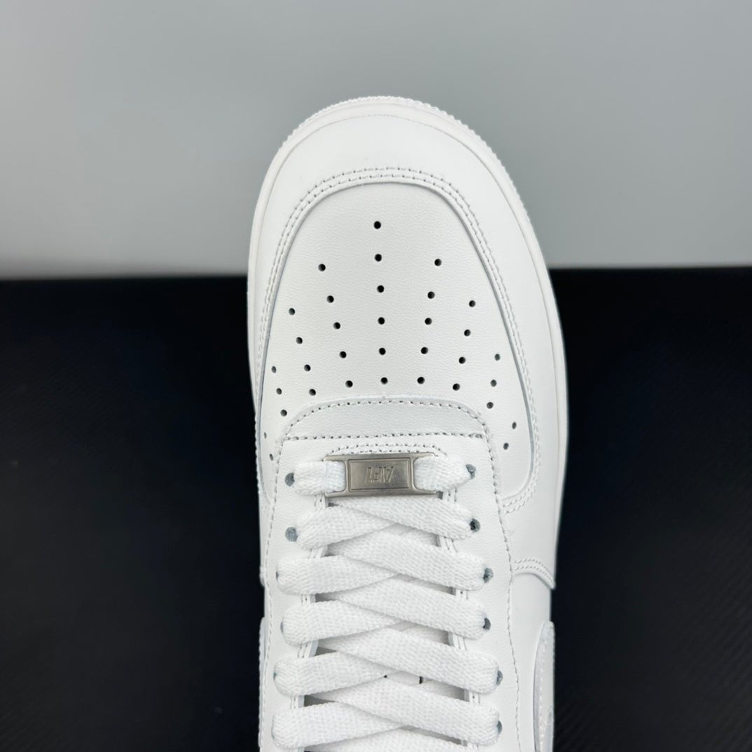 White Nike Air Force 1 toe box with perforations and lace-up front