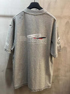 Light gray T-shirt with back graphic logo text and crew neckline