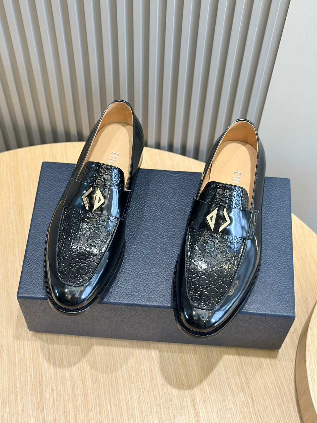 Dior unisex patent leather loafers, black, gold emblem detail