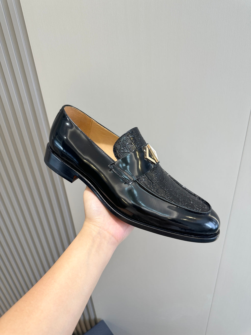 Dior unisex patent leather loafer, black shine finish, gold emblem, side