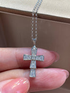 Bvlgari silver-tone cross pendant with clear pavé stones on a fine chain