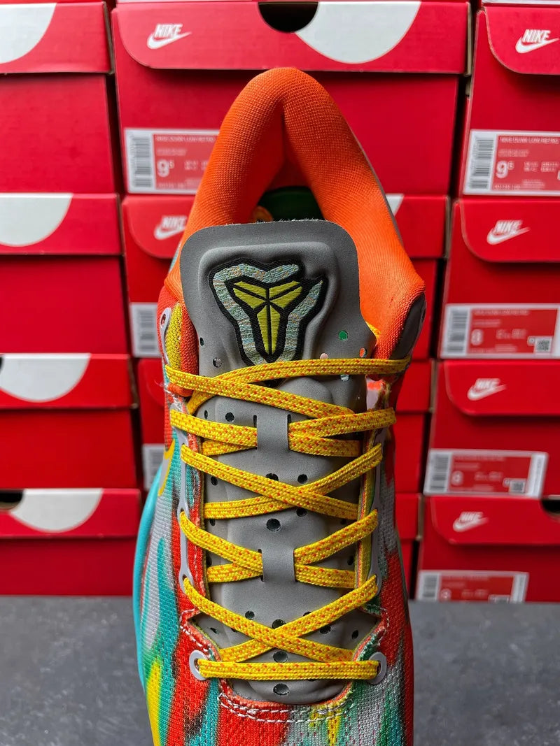 Nike Kobe 8 Protro shoes, orange tongue and multicolor knit with yellow laces