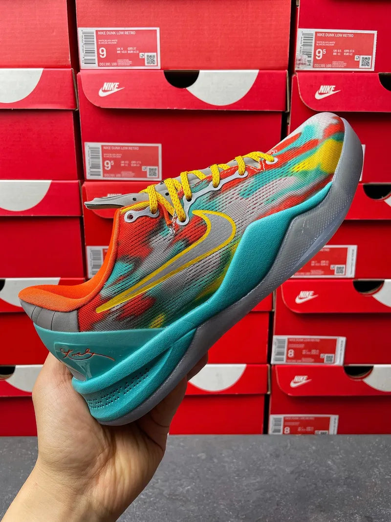 Nike Kobe 8 Protro shoes, multicolor knit with teal midsole and gray Nike swoosh