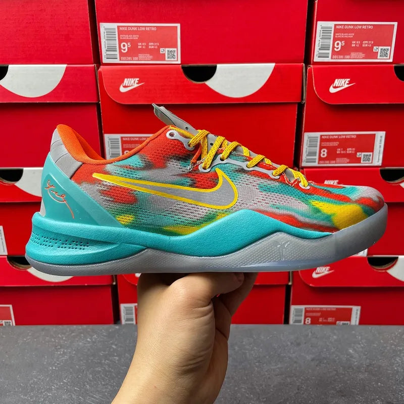 Nike Kobe 8 Protro shoes, rainbow knit upper and teal bottom with swoosh