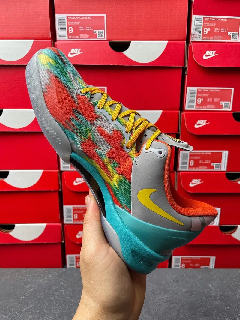 Nike Kobe 8 Protro shoes, multicolor knit with teal sole and yellow laces
