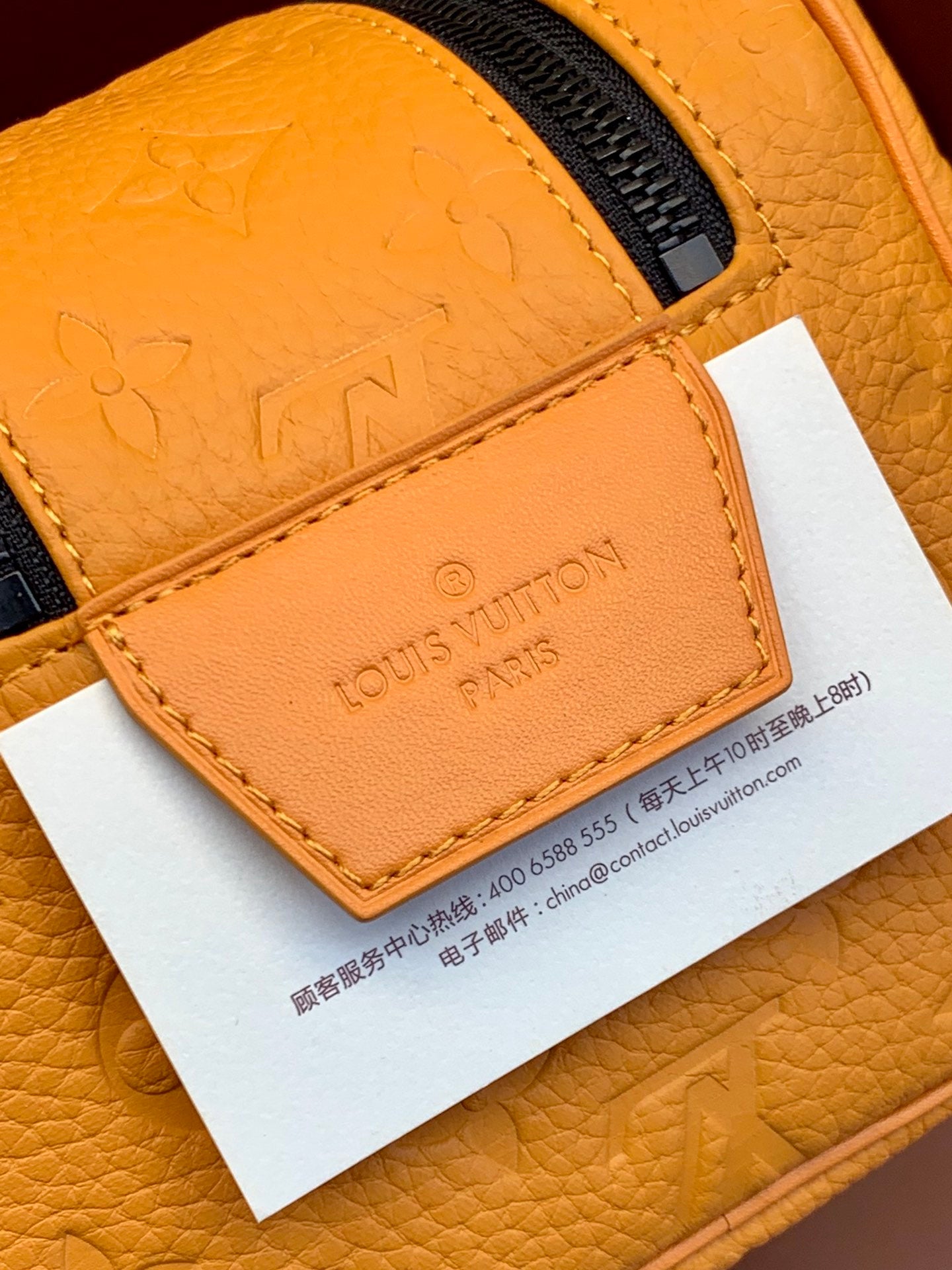 Louis Vuitton logo tag on tan leather patch attached to the bag