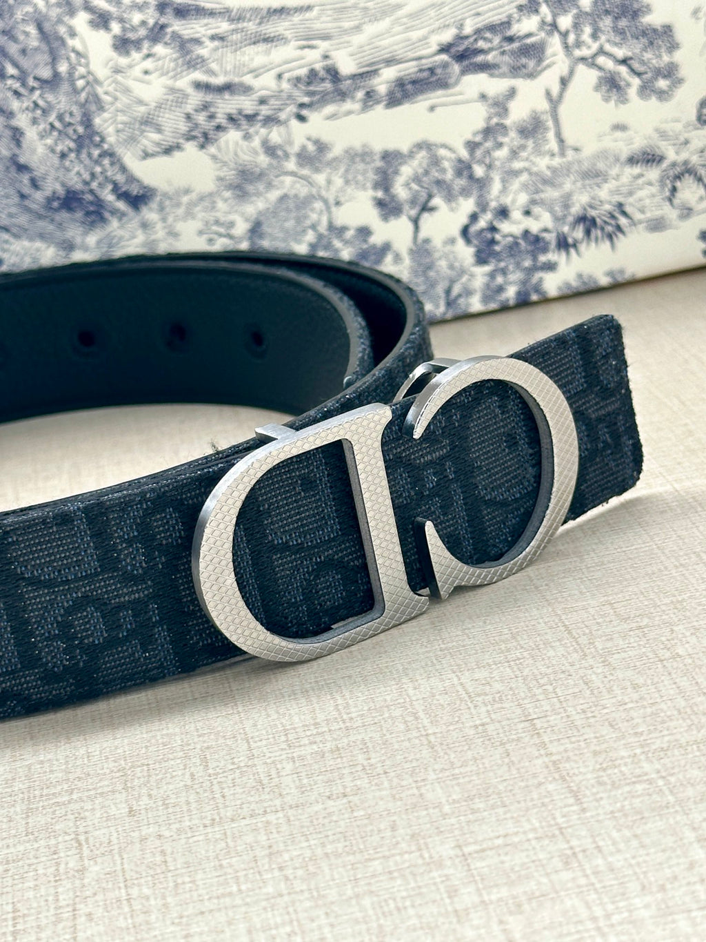 Dior belt close-up: dark navy strap and silver-tone oval CD buckle.