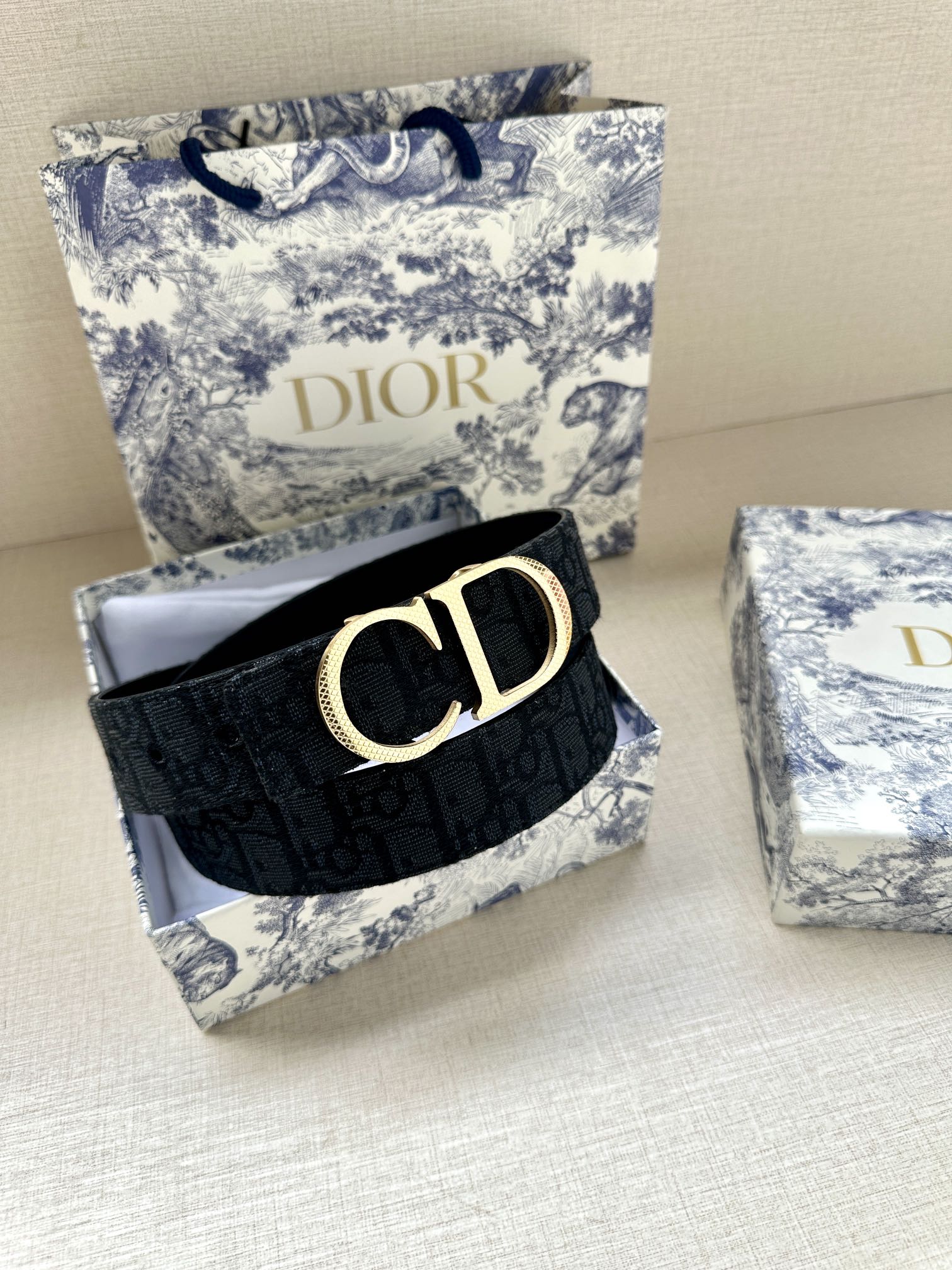 Dior belt with black/dark navy textured strap and gold-tone CD buckle.