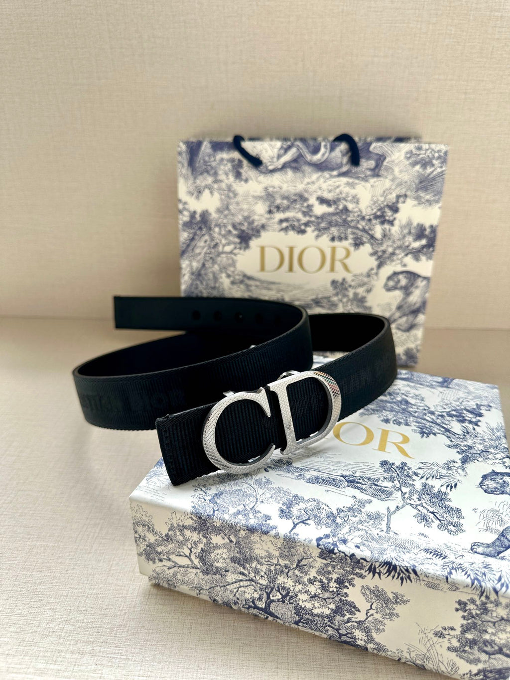 Designer belt in dark navy with silver CD buckle, wide strap.