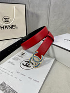 Chanel belt red strap with black backing and blue-gold logo buckle on receipt papers