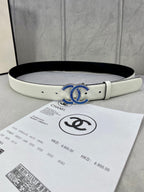 White leather belt with blue enamel CC buckle and punched strap holes.