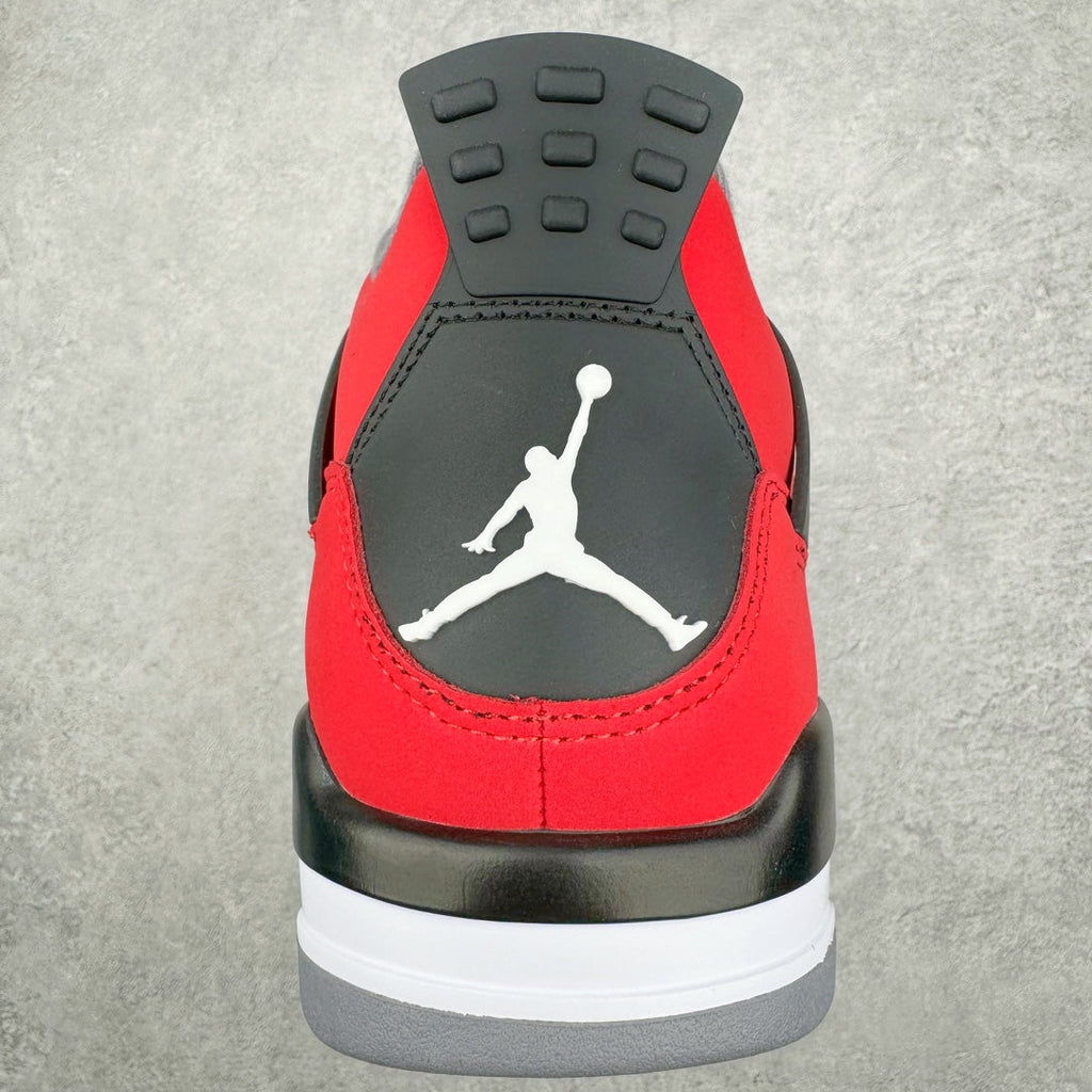 Red sneaker heel with black logo patch and treaded rubber sole