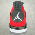 Red sneaker heel with black logo patch and treaded rubber sole