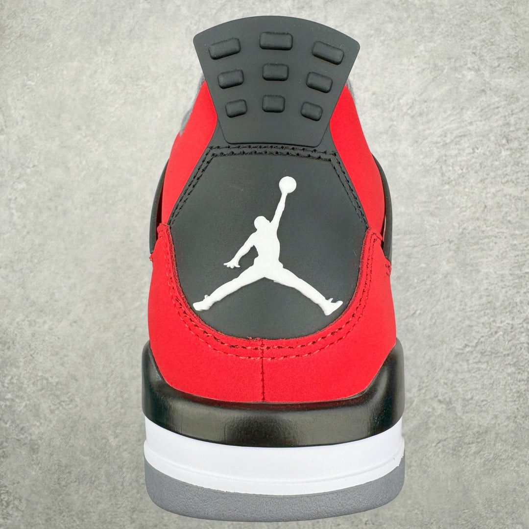 Red sneaker heel with black logo patch and treaded rubber sole