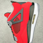 Red sneaker side view with gray wing detail and black mesh underlay