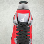 Red sneaker heel close-up with white logo on gray patch and black lace