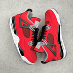Red basketball sneaker with black mesh paneling, gray emblem, and black lace-up