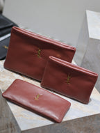 Burgundy leather clutch with gold YSL logo, two-piece small bag set
