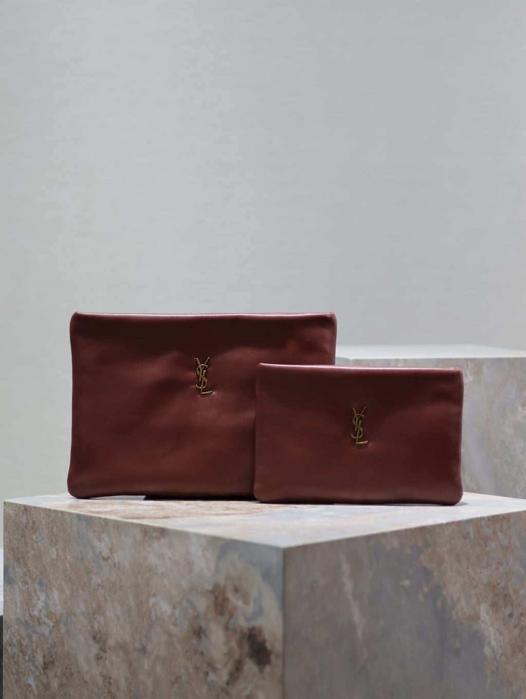 Burgundy leather small bag set with gold YSL logo, two clutches for women