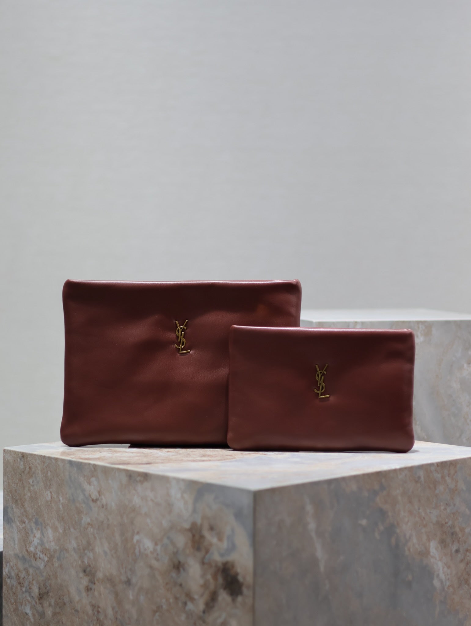 Burgundy leather small bag set with gold YSL logo, two clutches for women